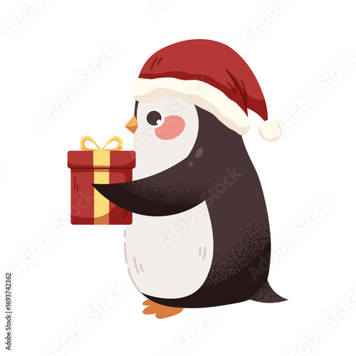 Christmas penguin holds gift. Festive penguin with box. Vector kids character isolated