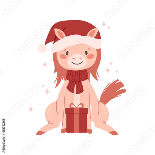 Cute horse in Santa hat with gift. Small pony, symbol of 2026. Vector cartoon illustration on white background