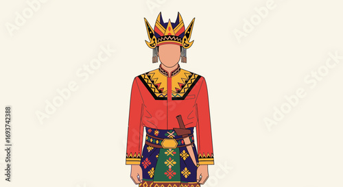 Traditional Southeast Asian Cultural Attire Illustration with Regal Headdress and Keris Dagger