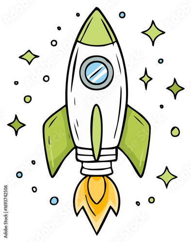 Whimsical cartoon rocket ship blasting off with green accents and starry space background