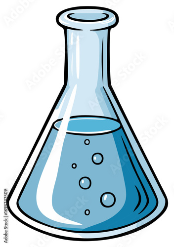Cartoon illustration of a lab conical flask with blue liquid and bubbles