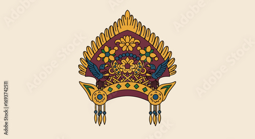 Ornate Traditional Golden Headdress Illustration with Intricate Floral and Jewel Design