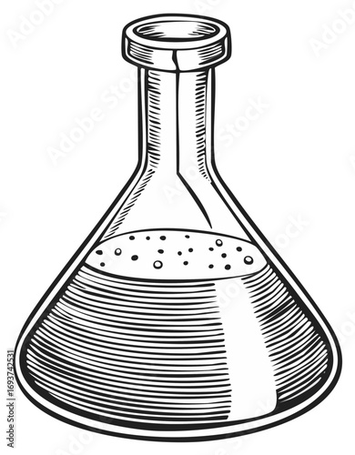 Laboratory Erlenmeyer flask with liquid, black and white illustration.