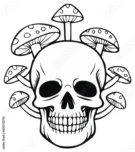 A human skull with spotted toadstool mushrooms growing on it in a black and white line art style illustration