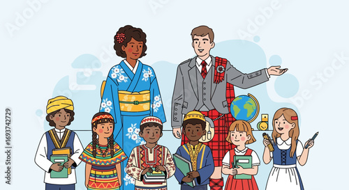 Diverse Children and Educators in Cultural Attire with Books and Globe, Promoting Global Learning