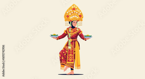 Elegant Traditional Dancer in Ornate Costume Performing Ritual with Offerings