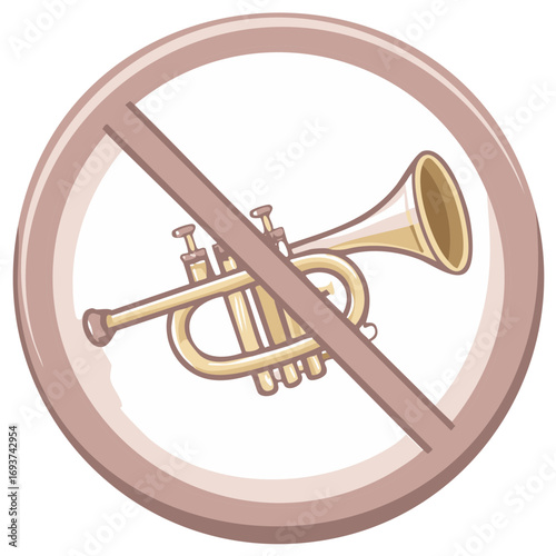 Illustration of a brass trumpet with a ban symbol, musical instrument