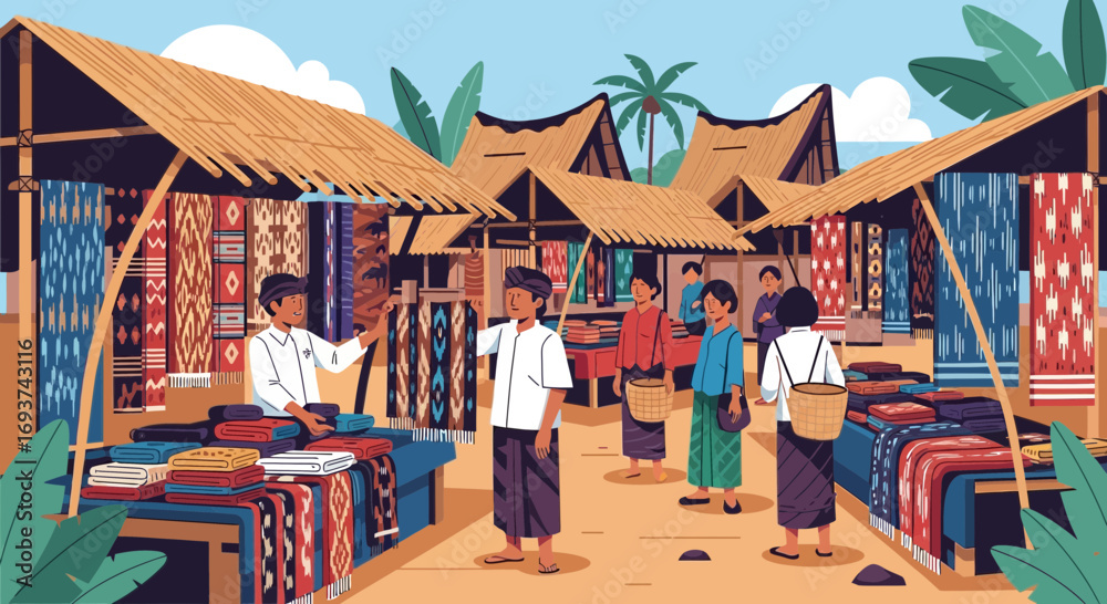 Fototapeta premium Vibrant Traditional Textile Market in Tropical Setting with Local Vendors and Shoppers