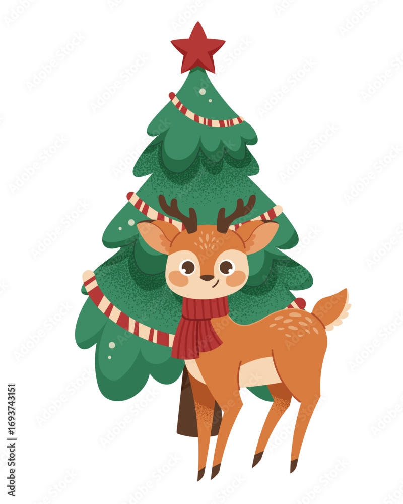 Fototapeta premium Cartoon reindeer with christmas tree. Vector isolated illustration of deer for kids