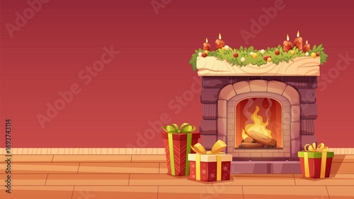 Cartoon Christmas background with a fireplace and gifts. New Year wallpaper for text, advertising sign design, posters. Vector illustration
