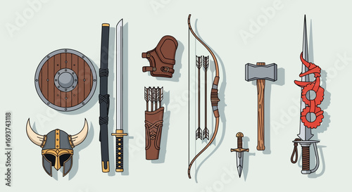Diverse Ancient & Fantasy Weaponry and Armor Set Vector Illustration