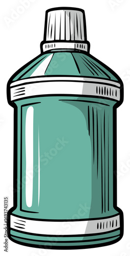 A cartoon illustration of a green mouthwash bottle for oral hygiene and dental care