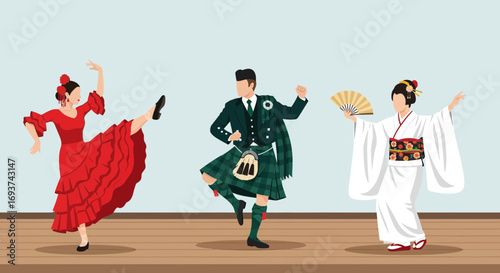 Global Traditional Dances: Flamenco, Scottish Kilt Dance, and Japanese Kimono Fan Dance Performers