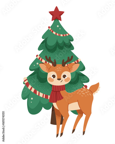Cartoon reindeer with christmas tree. Vector isolated illustration of deer for kids