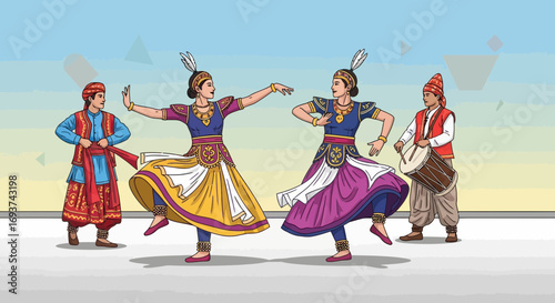 Traditional Folk Dance Performance with Musicians in Cultural Attire Illustration