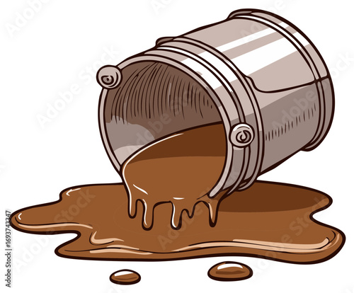 Brown liquid spilling from an overturned metal bucket creating a messy puddle and drips