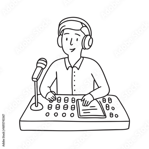 A radio host adjusting audio levels while speaking