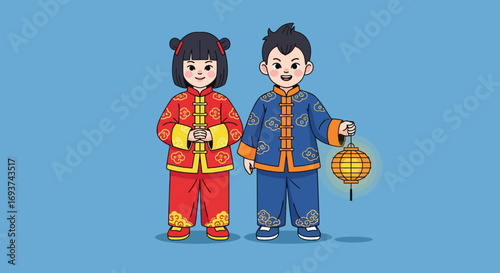 Happy Chinese Children in Traditional Attire with Lantern & Gold Ingot, Cultural Celebration Illustration