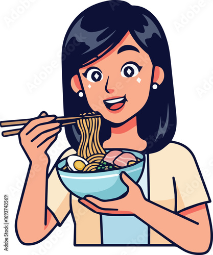 Happy Woman Enjoying Delicious Ramen Noodles