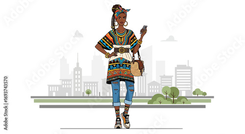 Stylish Black Woman in African Print Tunic & Headwrap with Smartphone, Urban Background
