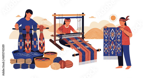 Traditional Textile Craftswomen: Dyeing, Loom Weaving, and Handmade Fabric Production Process