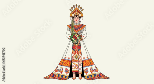 Elegant Woman in Ornate Traditional Southeast Asian Attire, Cultural Illustration with Intricate Patterns & Headdress