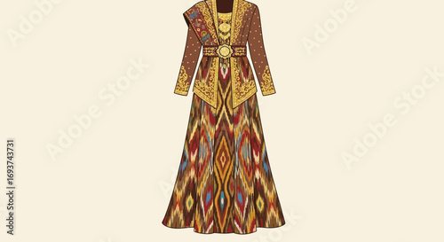 Elegant traditional gown with intricate patterns and golden accents on a light background