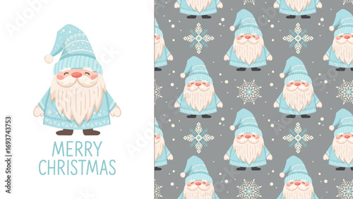 Seamless pattern with cute gnomes. Scandinavian dwarf, snowflakes. Vector print for kids products