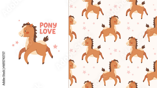 Seamless pattern with cute brown horse and print. Small pony for babies. Pastel fabric swatch