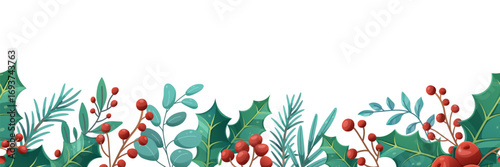 Seamless bottom border with winter branches, holly, and fir branches. Vector frame for Christmas designs