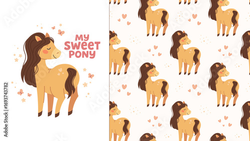 Seamless pattern with cute horse and print. Small yellow pony with long wavy mane. Pastel pattern for baby products