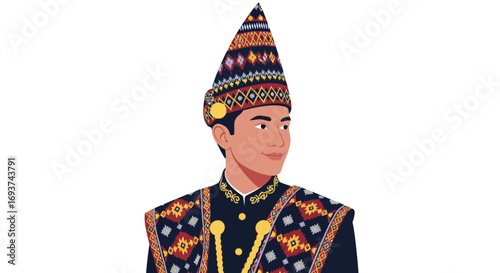 Smiling man in traditional patterned ethnic costume and ornate hat, cultural heritage representation
