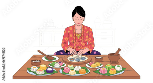 Woman in Traditional Attire Crafting Colorful Asian Desserts on Table