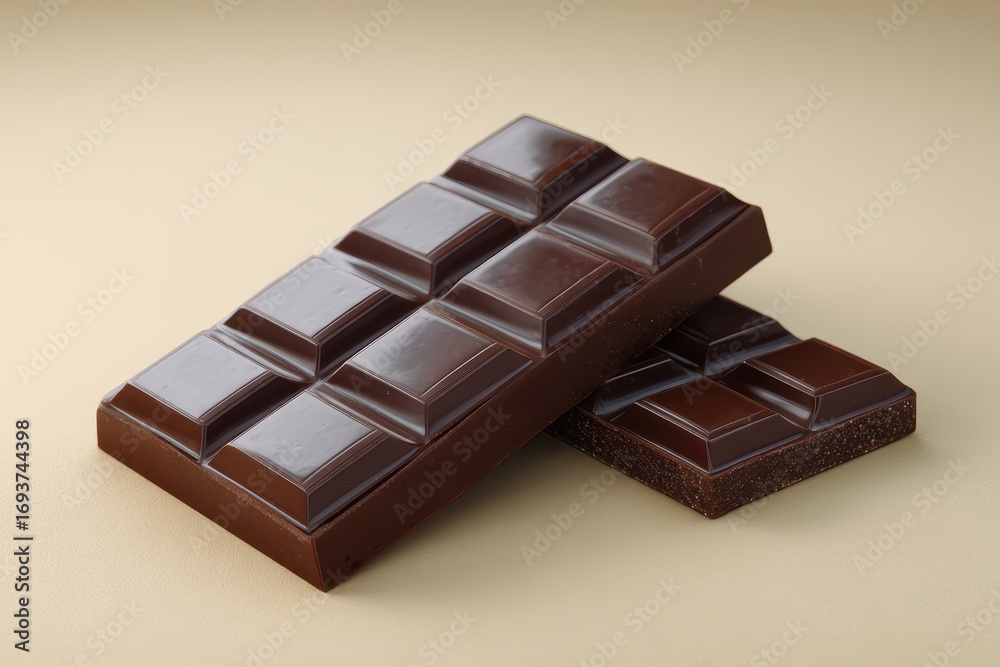 Fototapeta premium Two rich dark chocolate bars with segmented squares on a light beige background