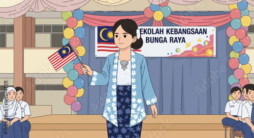 Malaysian Woman in Traditional Attire Waving Flag at School Event