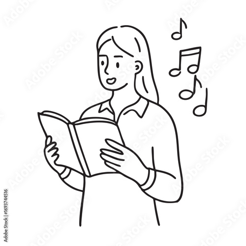 A vocalist reading lyrics from a music sheet