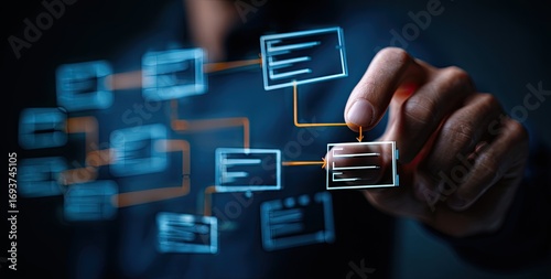 A person's hand interacts with a digital flowchart of data structures