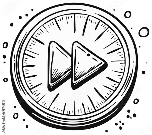 Vector Illustration of a Hand-Drawn Fast Forward Icon Inside a Circle, Black and White Sketch