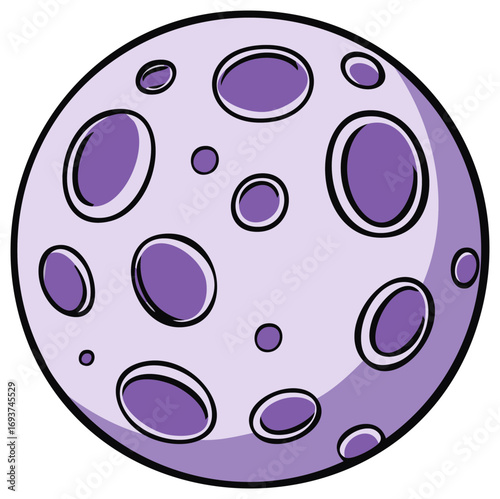 Cartoon illustration of a purple planet with craters and shadows.
