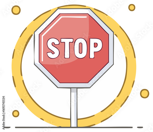 Bright red stop sign cartoon illustration with yellow decorative circle