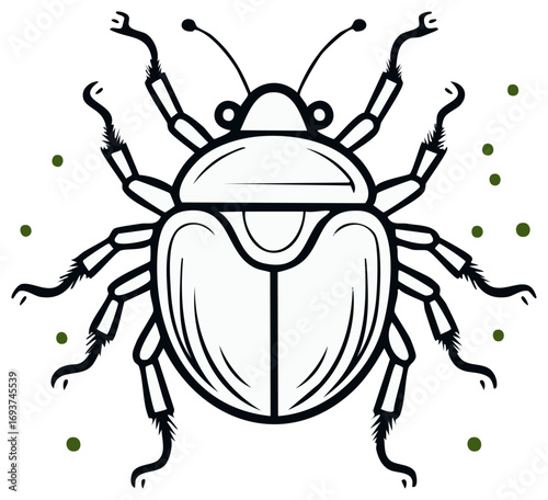 Stylized Beetle Illustration: Black Outline of Insect with Curved Legs and Antennae on a White Background with Olive Green Dots
