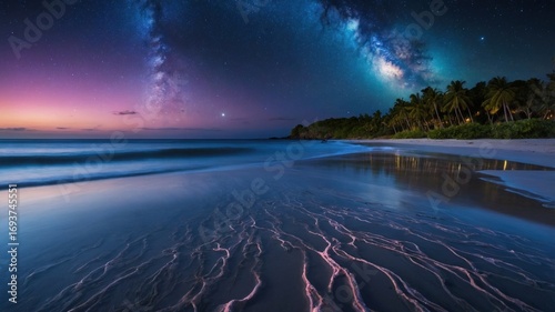 Serene beach at twilight with vibrant Milky Way, palm trees silhouetted against the sky