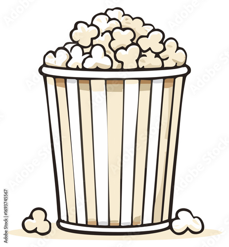 Cartoon striped popcorn bucket full of fluffy kernels fun food illustration