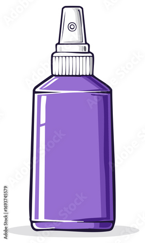 Violet spray bottle on white, cosmetic dispenser packaging with atomizer for liquid