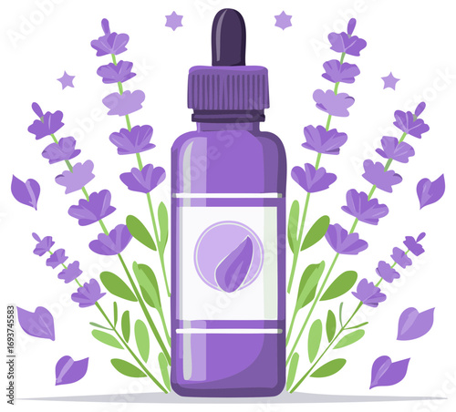 Purple dropper bottle surrounded by lavender sprigs and floating petals in clean stylized vector design