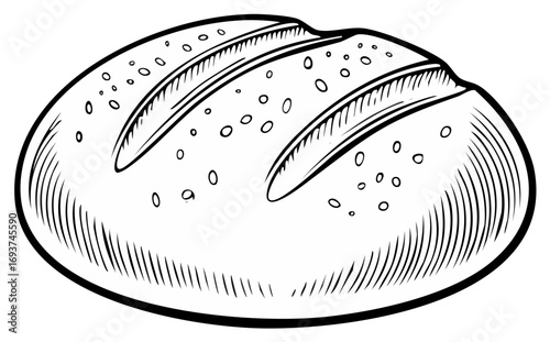 Outline drawing of a rustic round loaf of bread with scoring and seeds, bakery food