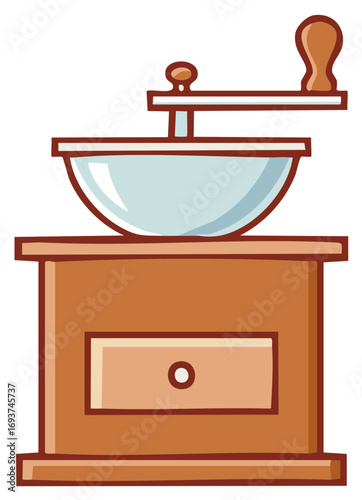 Vintage manual coffee grinder with wooden drawer cartoon illustration