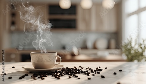 Steam rising from a cup of coffee on a kitchen table