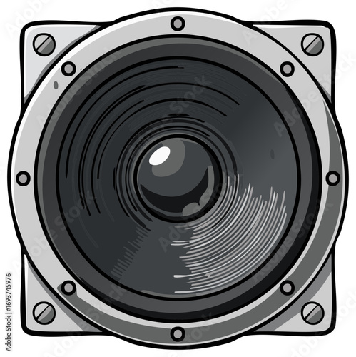 Cartoon Illustration of a Speaker, Gray Tone, With Screws and Metal Surround