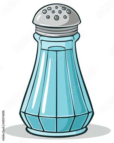 Cartoon illustration of a salt shaker, featuring a glass container with a silver top